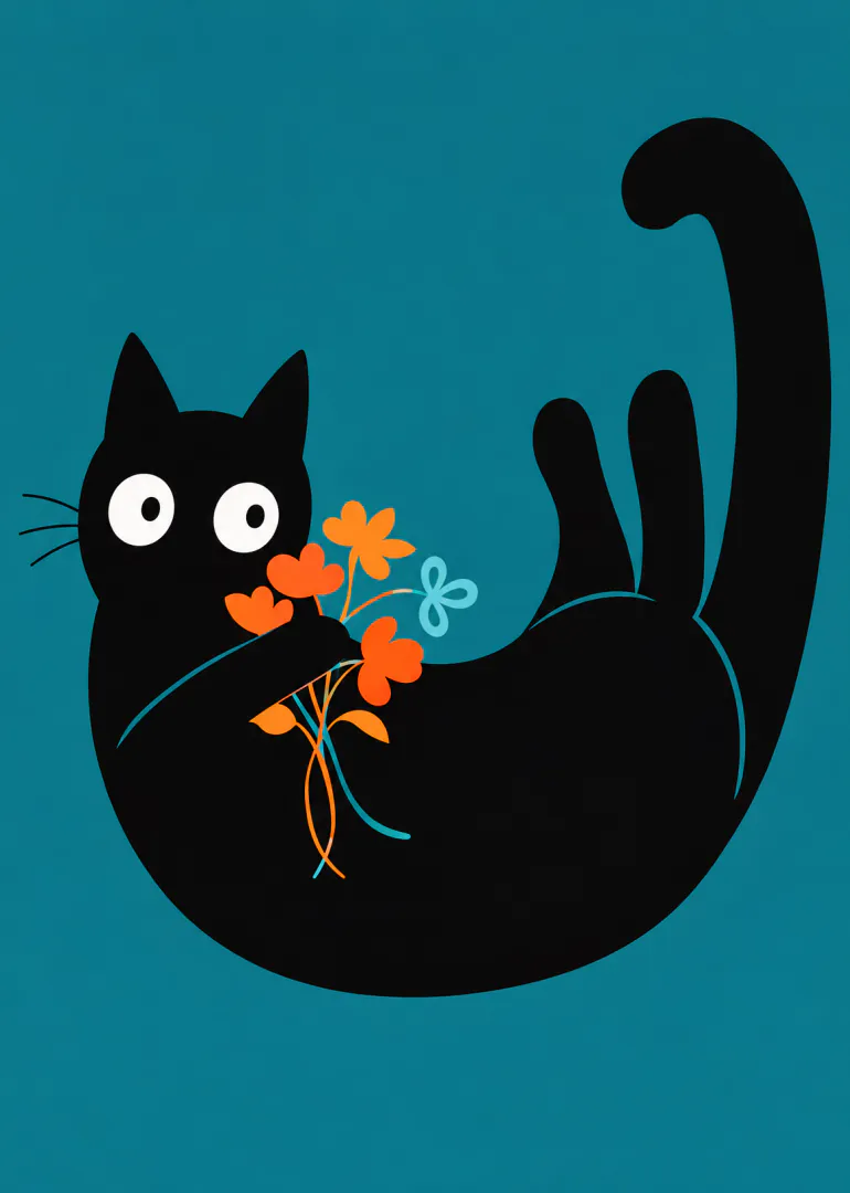 Minimalist black cat illustration holding orange and blue flowers on a teal background.