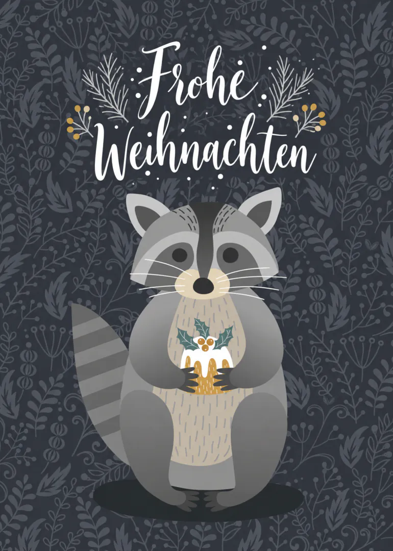 Dunkle Weihnachtskarte mit einem Waschbären, der einen Becher hält, und dem Schriftzug „Frohe Weihnachten“.