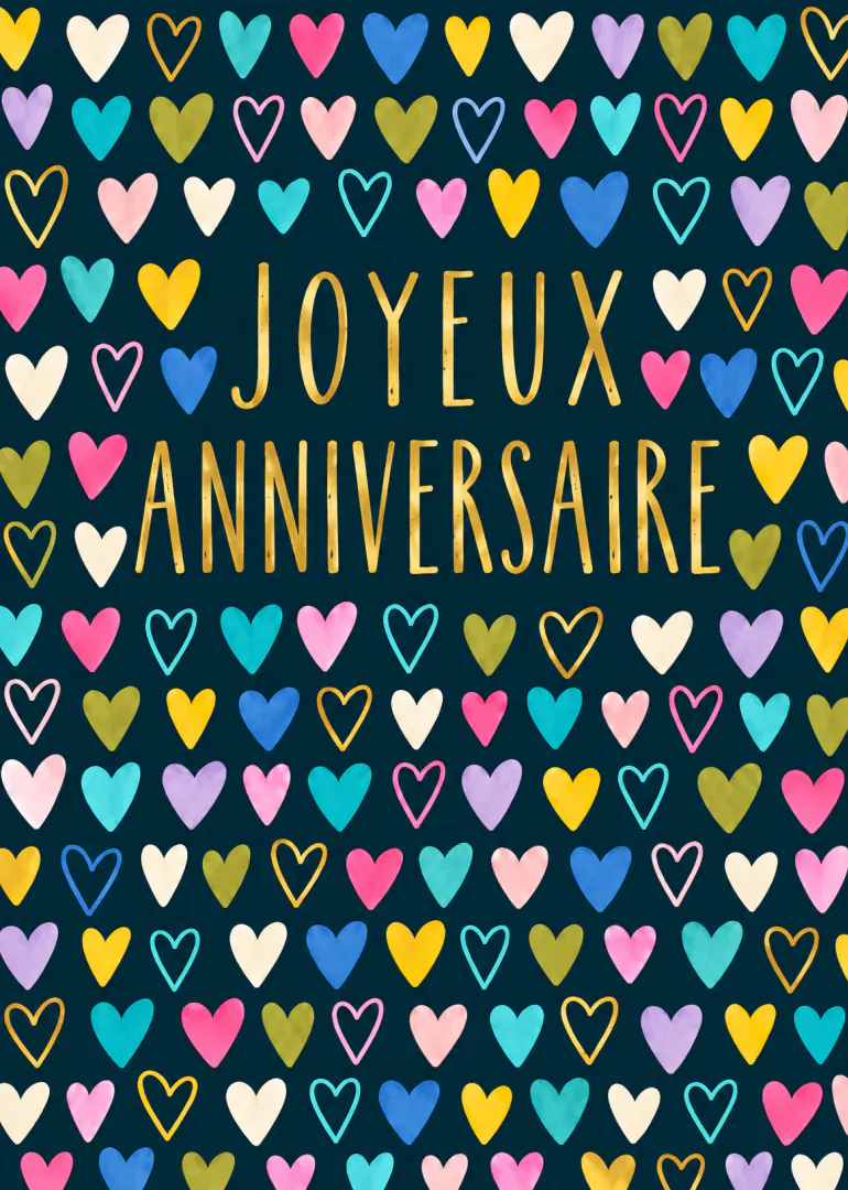 Carte bleu nuit avec des cœurs multicolores et le texte doré « JOYEUX ANNIVERSAIRE ».