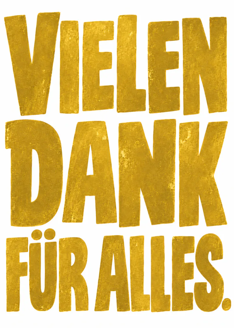 Weisse Karte mit grosser goldener Schrift: VIELEN DANK FÜR ALLES.