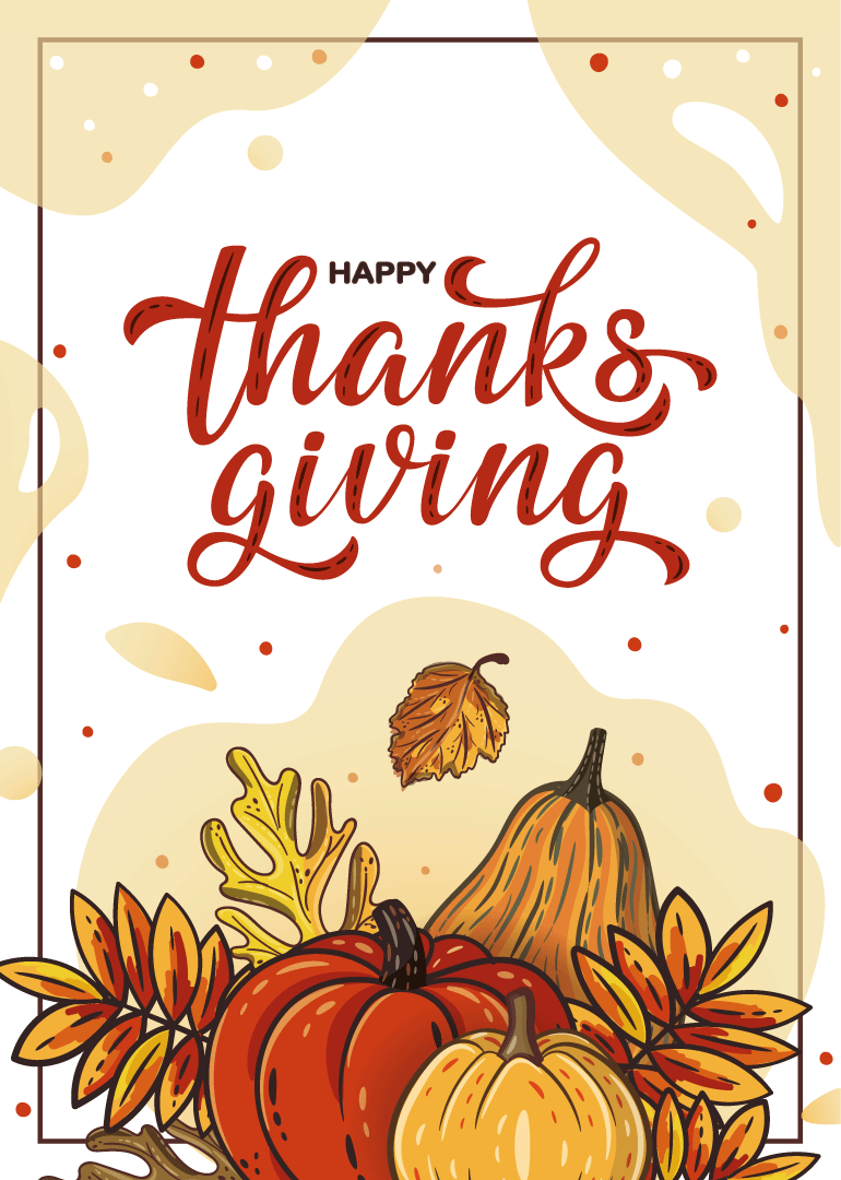 Happy Thanksgiving card with pumpkins, autumn leaves, and warm seasonal lettering in red and gold.
