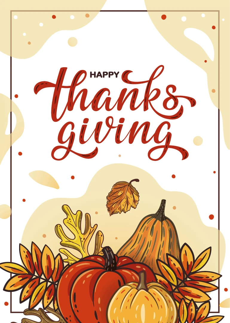 Happy Thanksgiving card with pumpkins, autumn leaves, and warm seasonal lettering in red and gold.