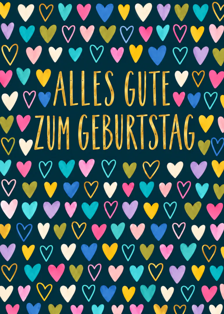 Dunkelblaue Geburtstagskarte mit bunten Herzen und goldener Aufschrift.
