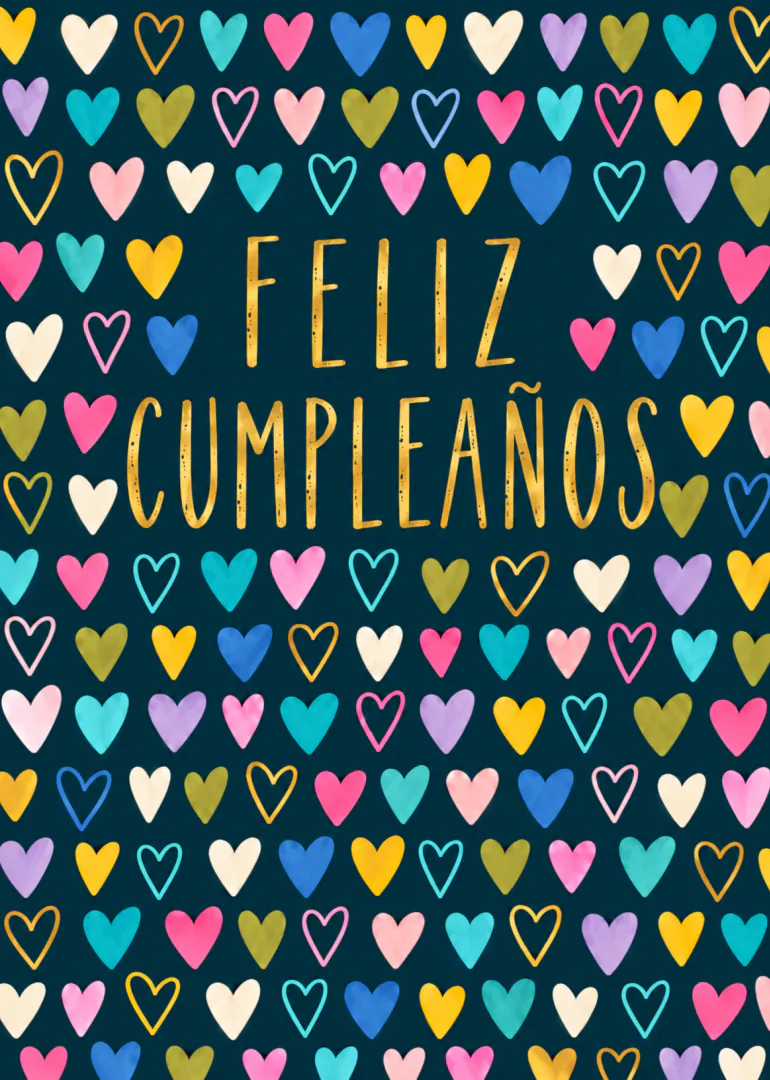 Tarjeta azul oscuro con el texto dorado «FELIZ CUMPLEAÑOS» rodeado de corazones de colores.