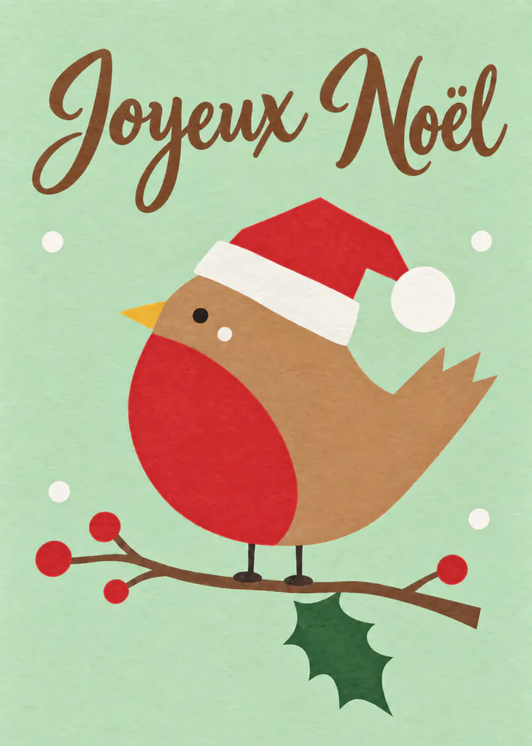 Carte vert menthe montrant un rouge-gorge en bonnet de Père Noël sur une branche de houx, avec le texte « Joyeux Noël ».
