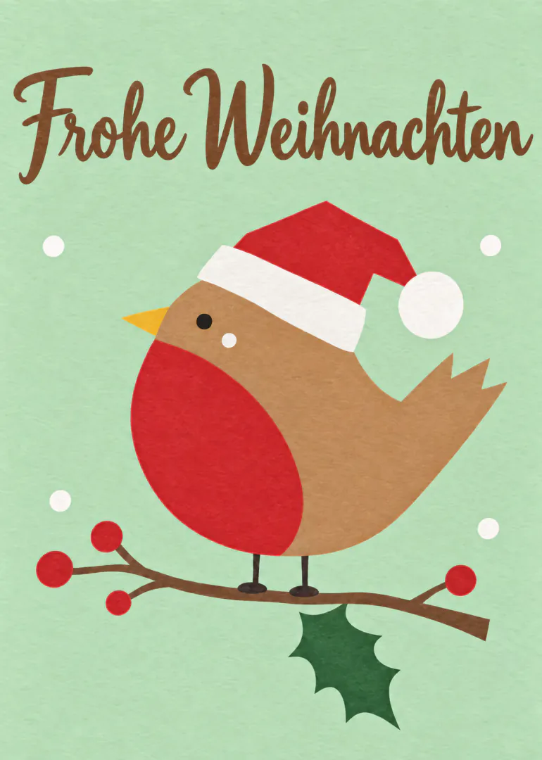 Weihnachtskarte in Papiercollage-Optik mit einem Vogel im roten Nikolausmützchen und dem Schriftzug „Frohe Weihnachten“.