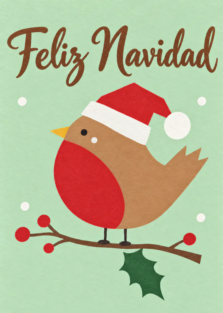 Tarjeta verde menta con el texto «Feliz Navidad» y un petirrojo con gorro de Papá Noel sobre una rama de acebo.