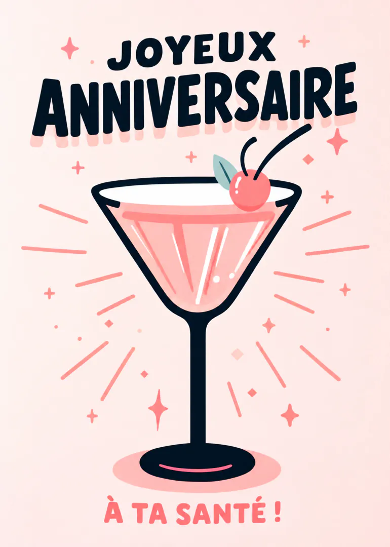 Carte rose avec un cocktail à la cerise et le texte « JOYEUX ANNIVERSAIRE À TA SANTÉ ! »
