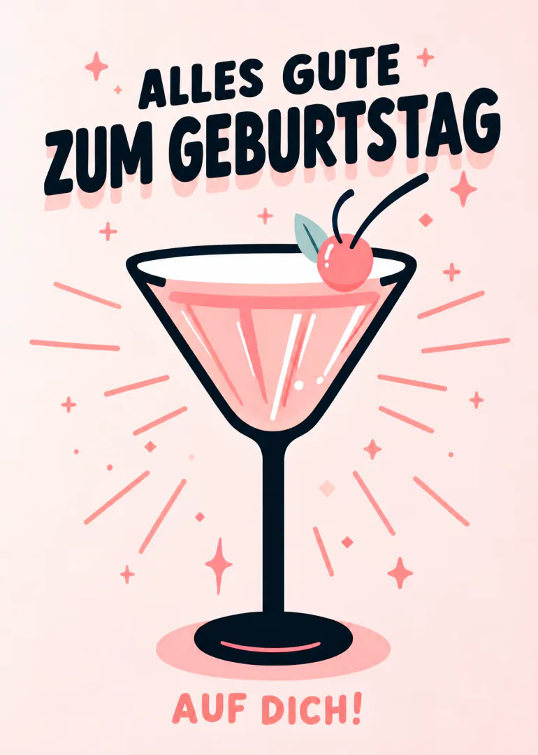 Rosa Geburtstagskarte mit Cocktailglas, Kirsche und dem Text „Alles Gute zum Geburtstag – Auf dich!“
