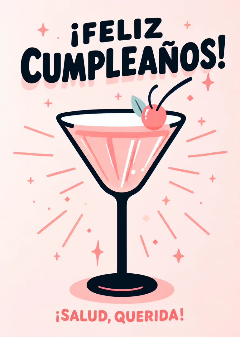 Tarjeta de cumpleaños con copa de cóctel y cereza
