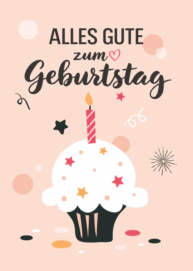 Rosa Geburtstagskarte mit einem weissen Cupcake, Kerze, Sternen und dem Schriftzug „ALLES GUTE zum Geburtstag“.