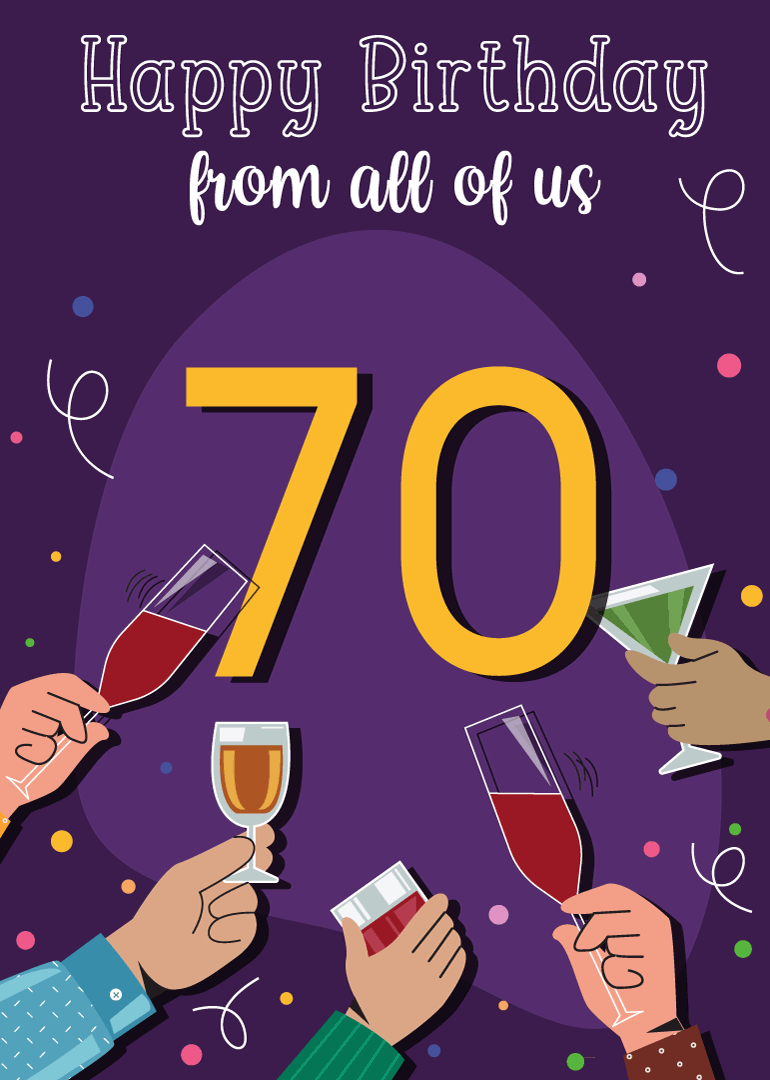 Birthday card with 70 in yellow and hands holding drinks toasting