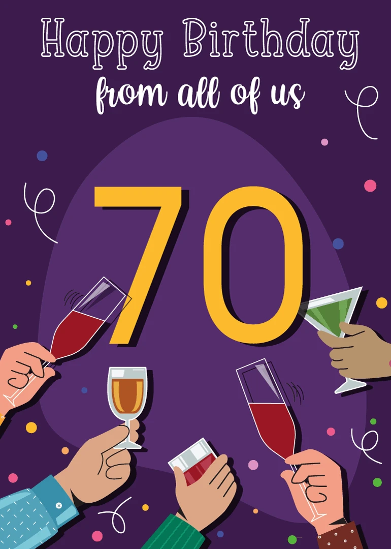 Happy 70th Birthday card with group toast, drinks, and confetti.