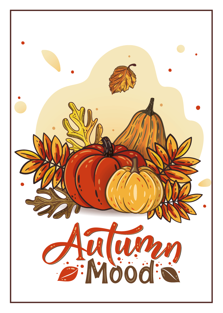 Card with pumpkins, fall leaves, and autumn mood text in warm colors