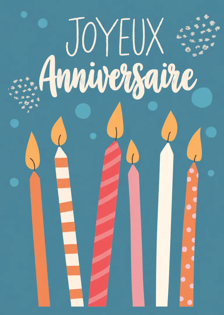 Carte bleu pétrole avec le message « JOYEUX Anniversaire » et six bougies colorées allumées.