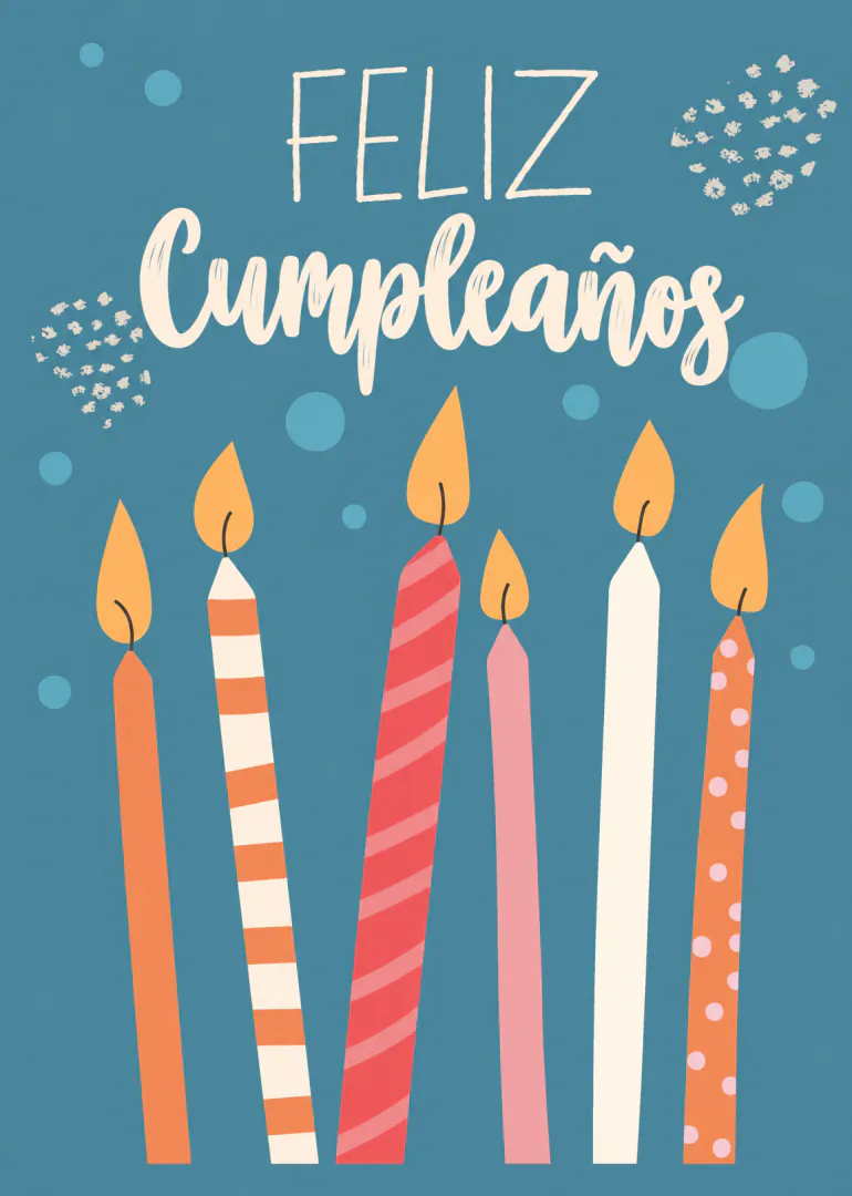 Tarjeta azul con el texto «FELIZ Cumpleaños» y seis velas encendidas de colores.