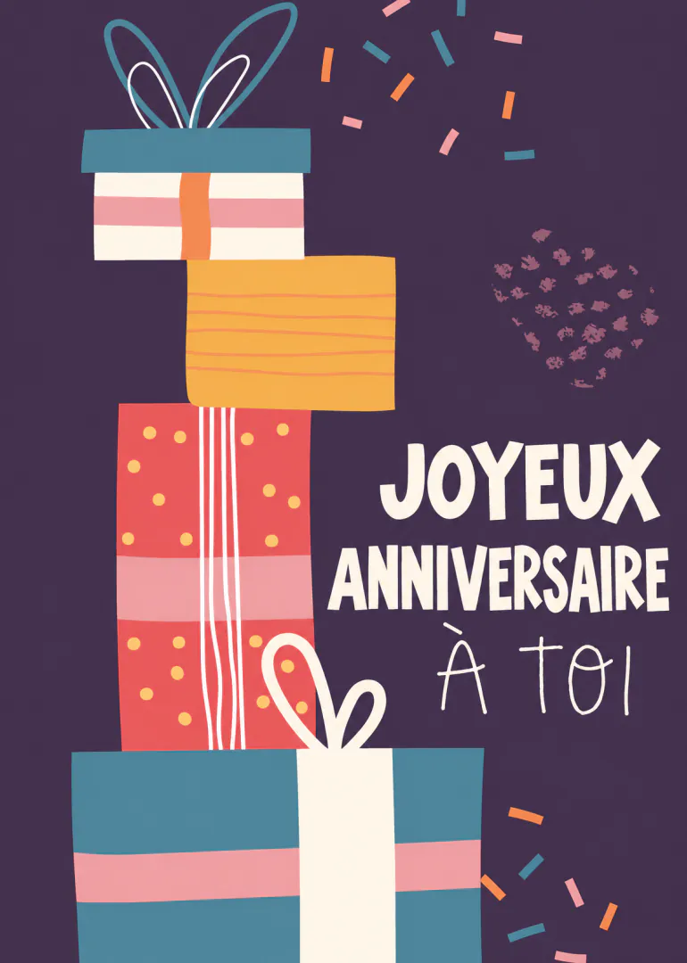 Carte d’anniversaire sur fond violet avec une pile de cadeaux colorés, des confettis et le texte « JOYEUX ANNIVERSAIRE À TOI ».