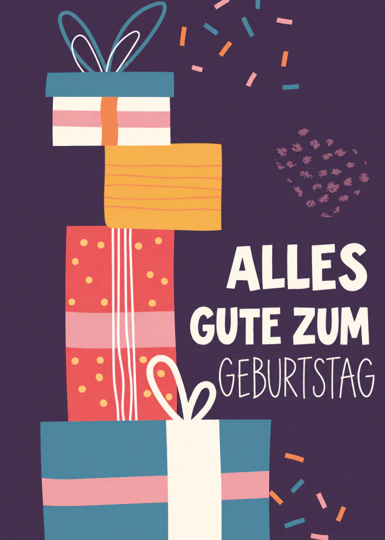 Illustration gestapelter, bunt verpackter Geschenke mit Konfetti und dem Text „ALLES GUTE ZUM GEBURTSTAG“.