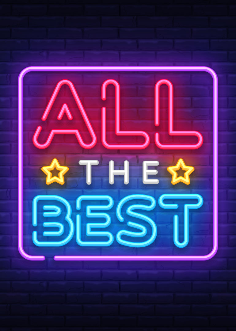 Neon sign with red, blue, white text and yellow stars on dark brick wall background