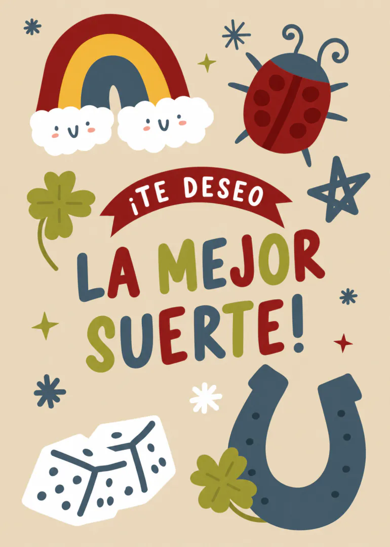 Tarjeta beige con el mensaje «¡TE DESEO LA MEJOR SUERTE!», arcoíris, nubes sonrientes, mariquita, dados y herradura.