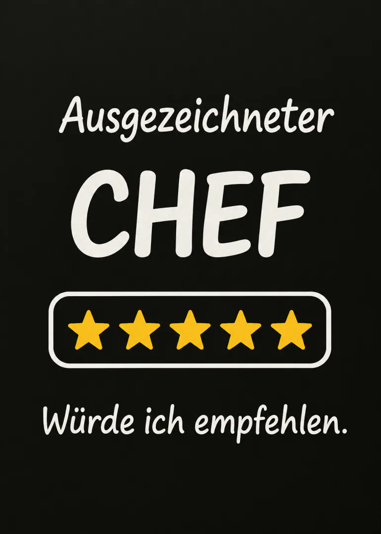 Schwarze Karte mit der Aufschrift „Ausgezeichneter CHEF“, fünf gelben Sternen und einer Empfehlung.