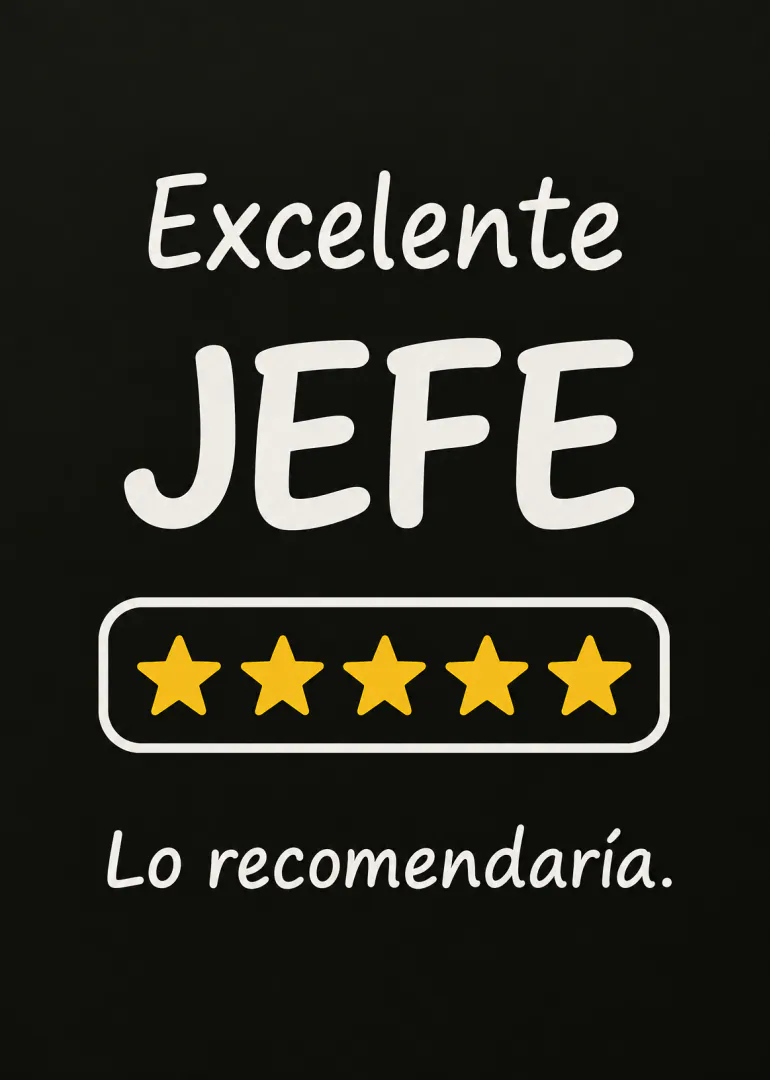 Tarjeta negra con el texto «Excelente JEFF», cinco estrellas amarillas y «Lo recomendaría.»