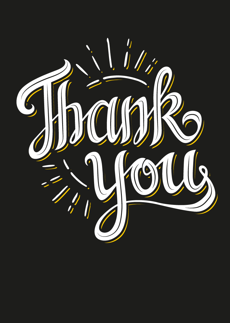 White elegant thank you script on black background with decorative lines