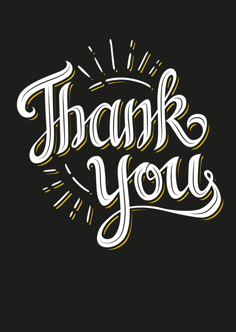 Bold hand-lettered thank you card on black with white script and yellow accents.