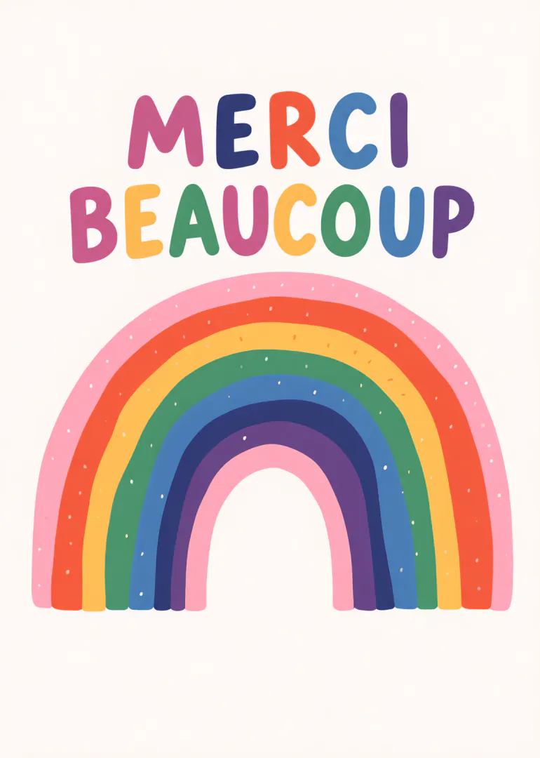 Carte blanche avec le texte « MERCI BEAUCOUP » multicolore au-dessus d’un arc-en-ciel.