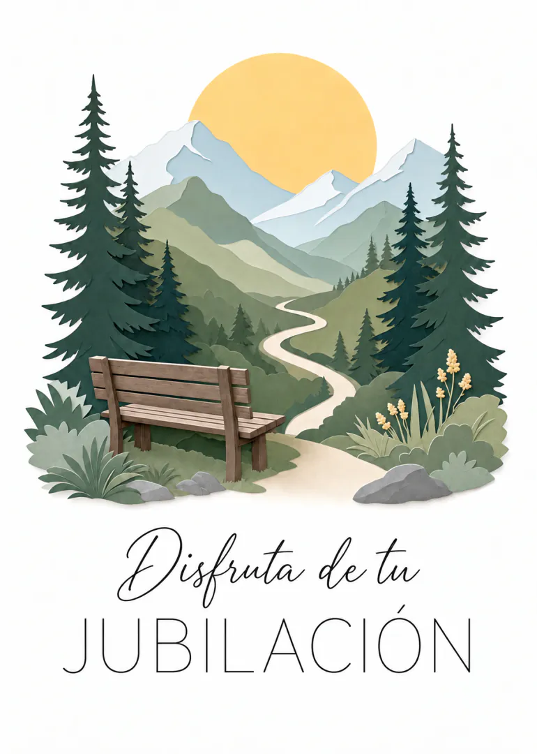 Tarjeta de jubilación con un banco frente a montañas, pinos, un sendero y un sol dorado.