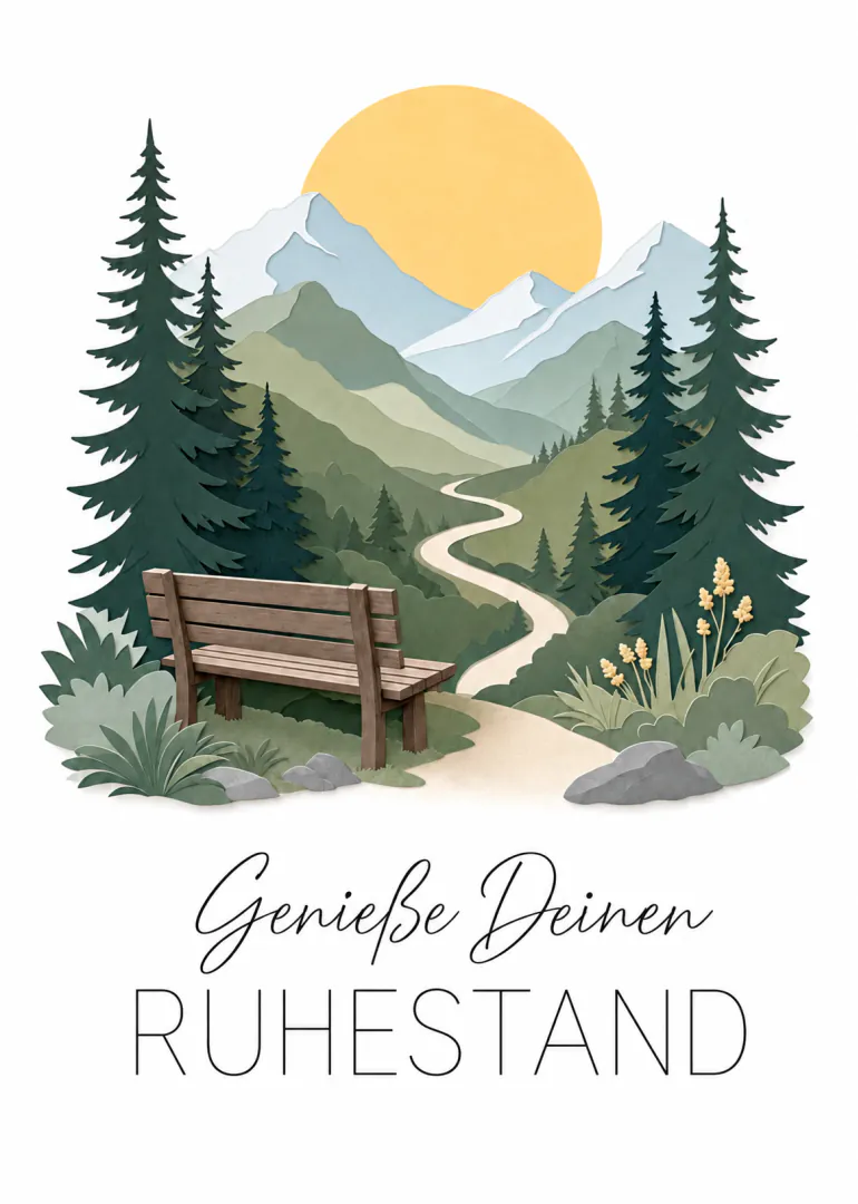 Karte mit einer Holzbank vor einem Bergtal mit Tannen, einem gewundenen Weg und gelber Sonne; darunter steht „Genieße Deinen RUHESTAND“.