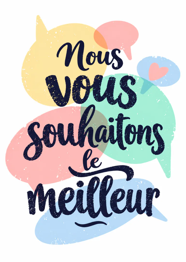 Carte typographique colorée portant le message « Nous vous souhaitons le meilleur » avec un cœur.