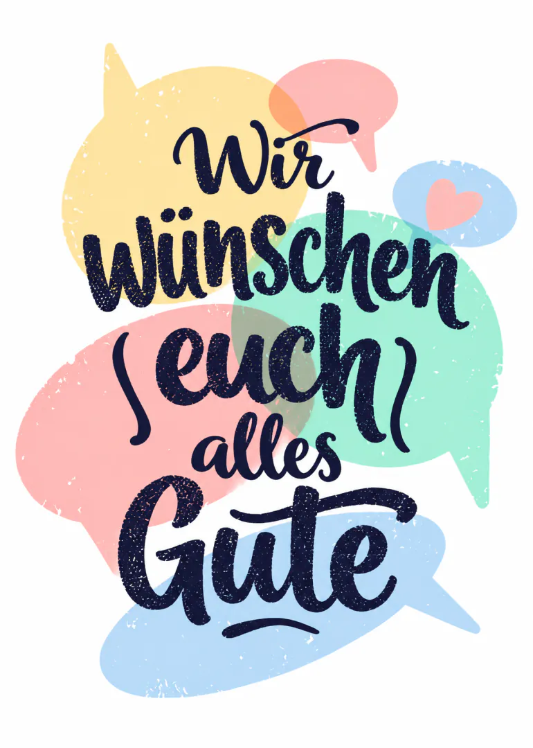 Typografische Karte mit dem Schriftzug „Wir wünschen euch alles Gute“ auf bunten Pinselstrichen.