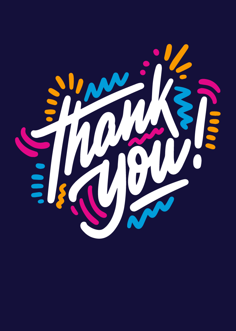 Colorful thank you card with bold white lettering and vibrant decorative accents