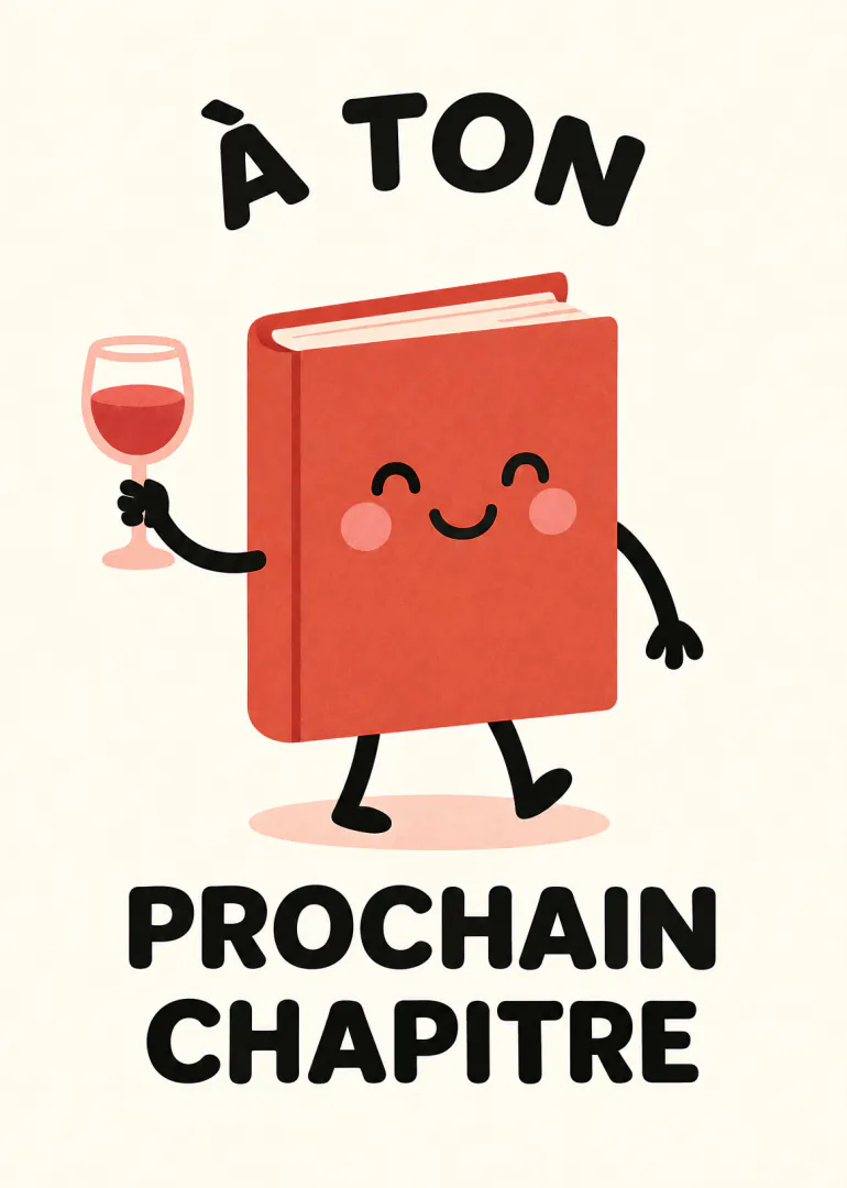 Carte crème avec un livre rouge souriant tenant un verre de vin et le texte « À TON PROCHAIN CHAPITRE ».