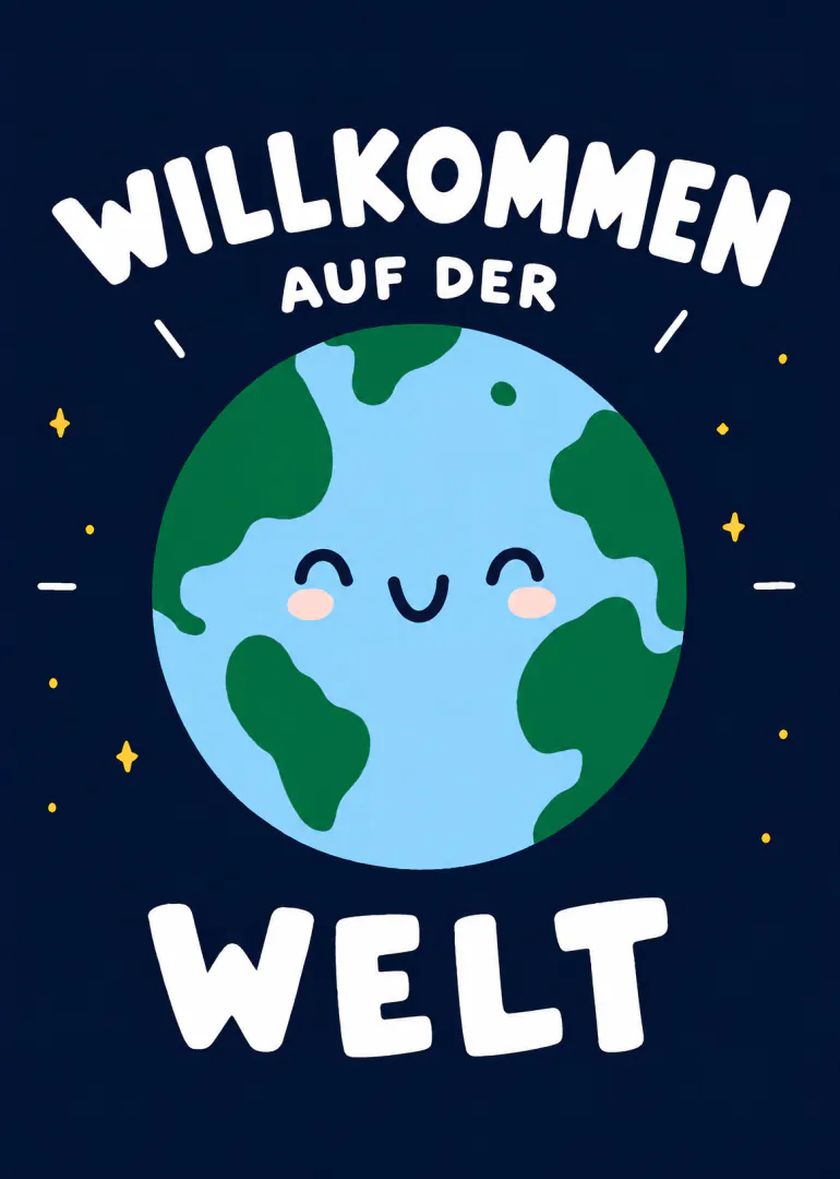 Dunkelblaue Babykarte mit dem Schriftzug „WILLKOMMEN AUF DER WELT“ und einer lächelnden Erde.