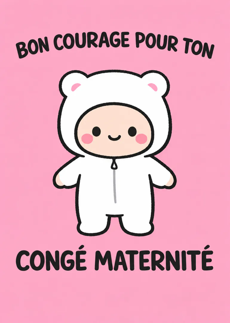 Carte rose avec un personnage souriant en combinaison d’ours blanche et le message « BON COURAGE POUR TON CONGÉ MATERNITÉ ».