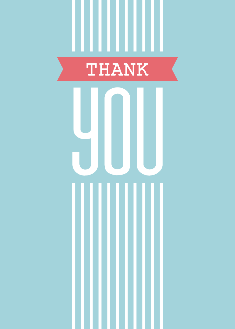 Thank you card with white vertical stripes and red banner on blue background