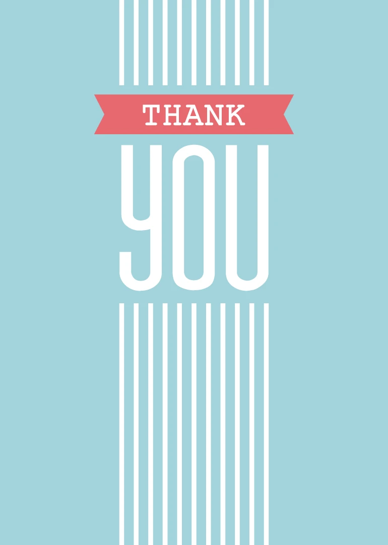 Minimal blue thank you card with coral banner and tall white stripes on background layout.