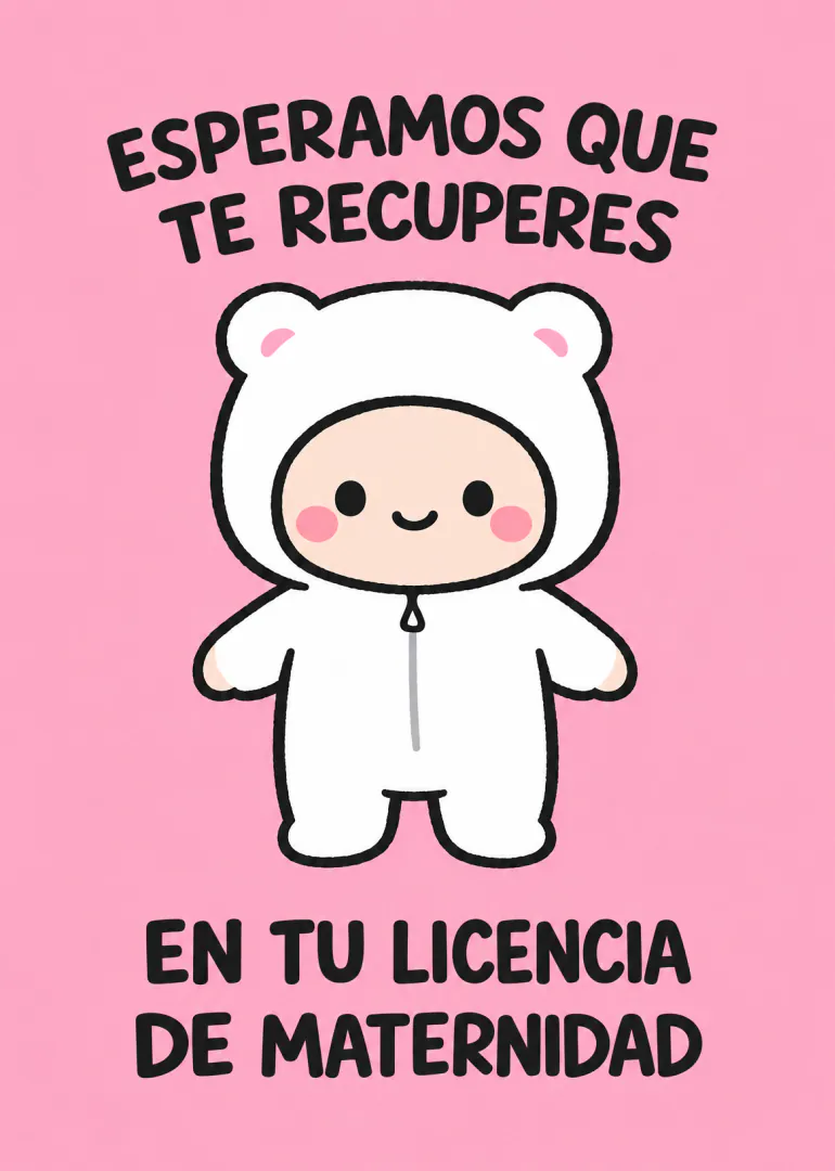 Tarjeta rosa con personaje tierno en un mono blanco y un mensaje de recuperación por licencia de maternidad.