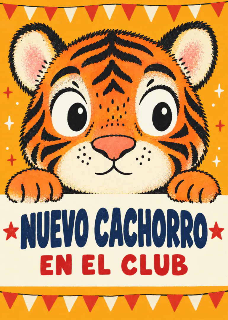 Tarjeta naranja con un tigre sonriente y el texto «NUEVO CACHORRO EN EL CLUB».
