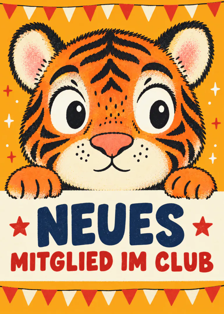 Illustration eines niedlichen Tigerjungen vor orangefarbenem Hintergrund mit Wimpelkette und dem Text „NEUES MITGLIED IM CLUB“.