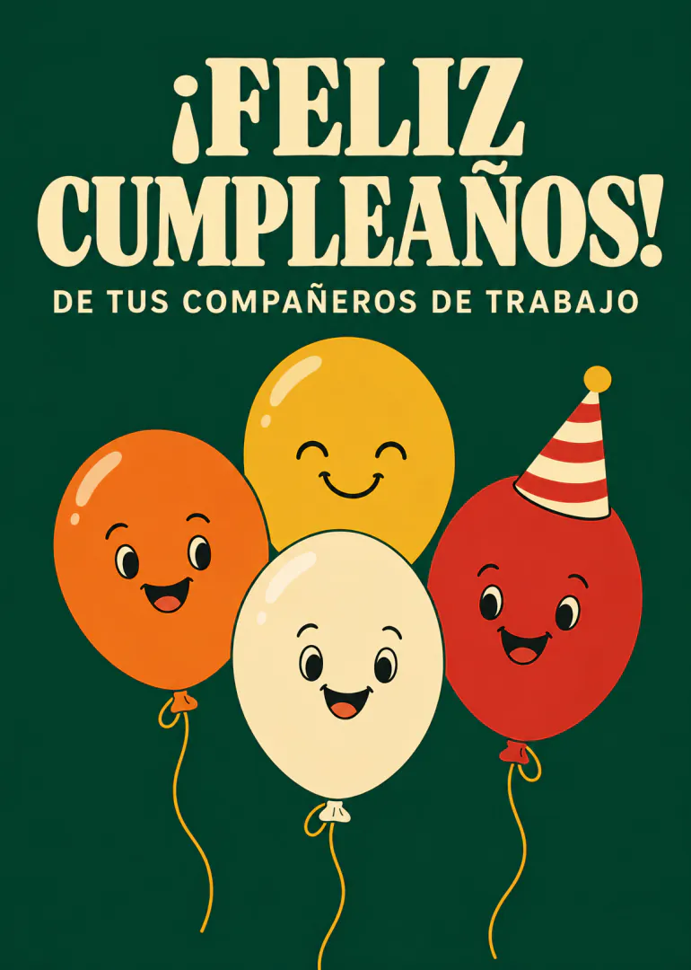 Tarjeta verde oscuro con cuatro globos sonrientes y el mensaje de cumpleaños de los compañeros de trabajo.
