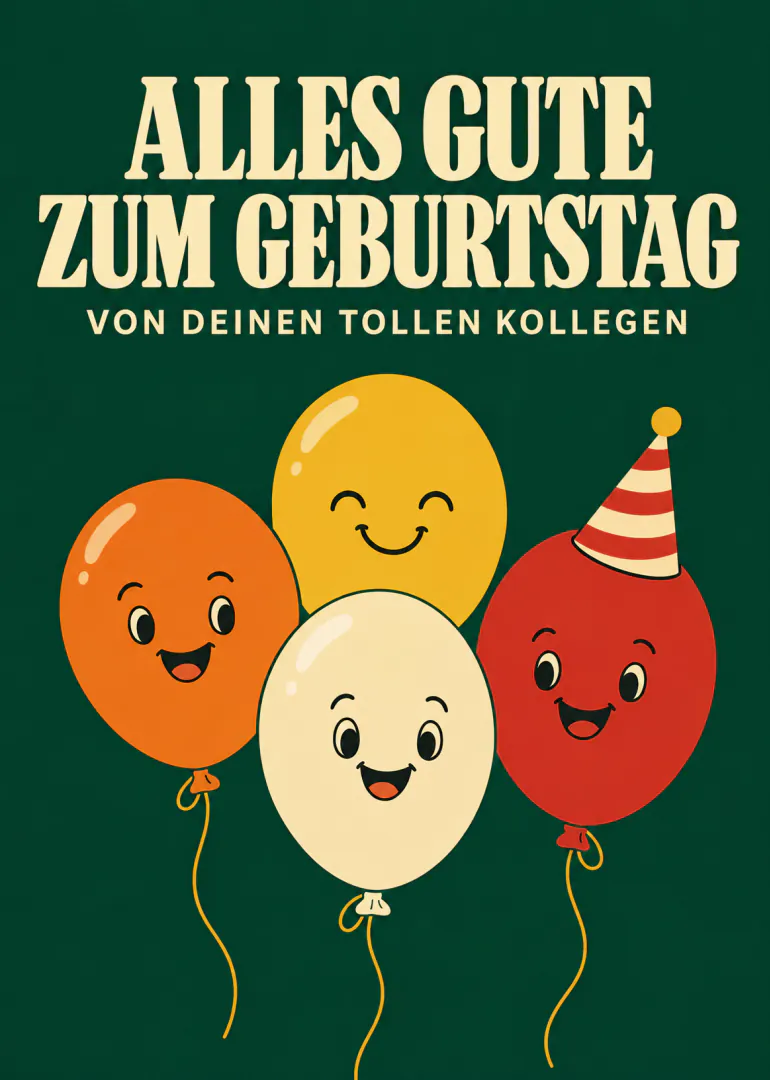 Dunkelgrüne Geburtstagskarte mit vier lächelnden Ballons und dem Gruß von tollen Kollegen.