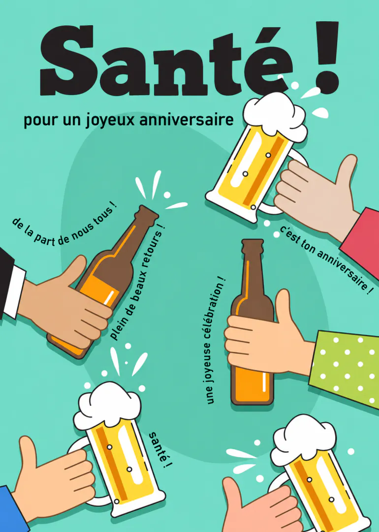 Carte turquoise avec mains levant des bouteilles et chopes de bière, accompagnées de messages d’anniversaire.