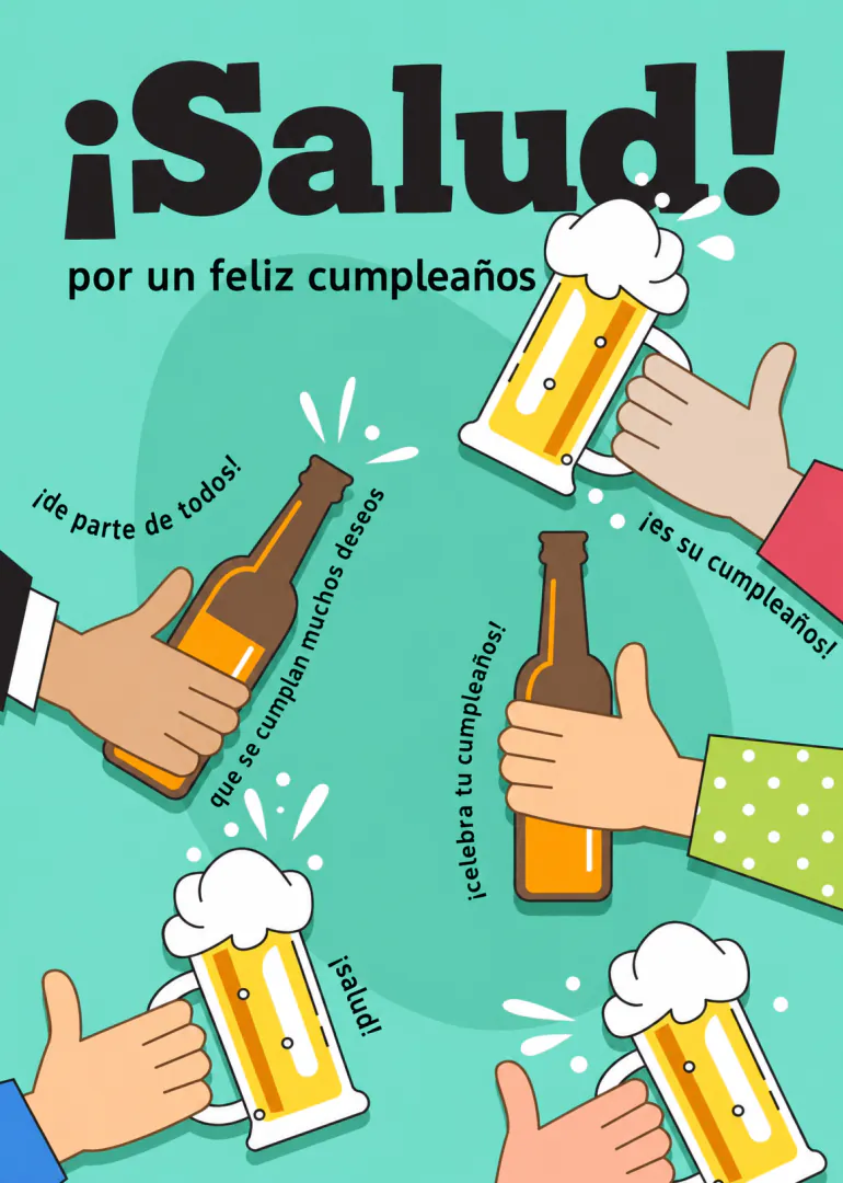 Tarjeta turquesa con manos alzando botellas y jarras de cerveza, y mensajes de feliz cumpleaños.