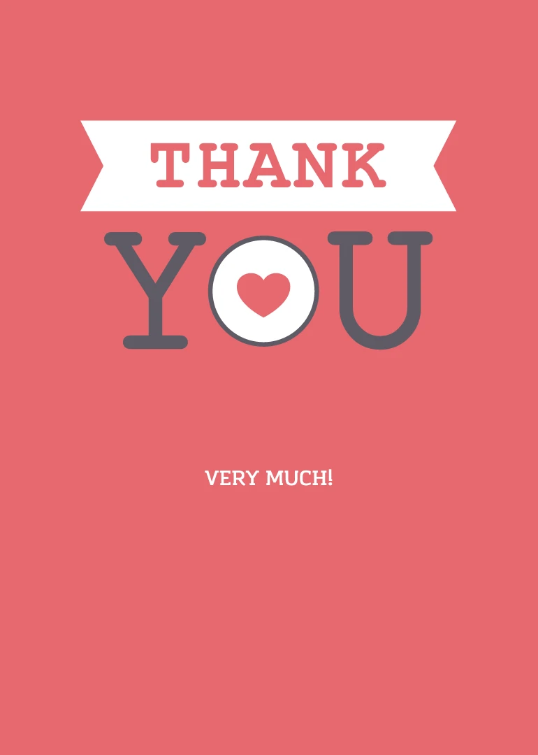 Pink thank you card with white banner, heart icon, and bold very much lettering design.