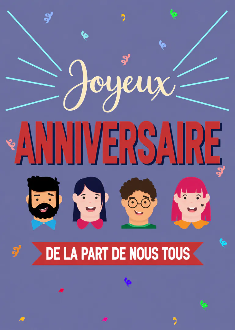Carte violette avec le message « Joyeux anniversaire de la part de nous tous », quatre visages illustrés et des confettis.