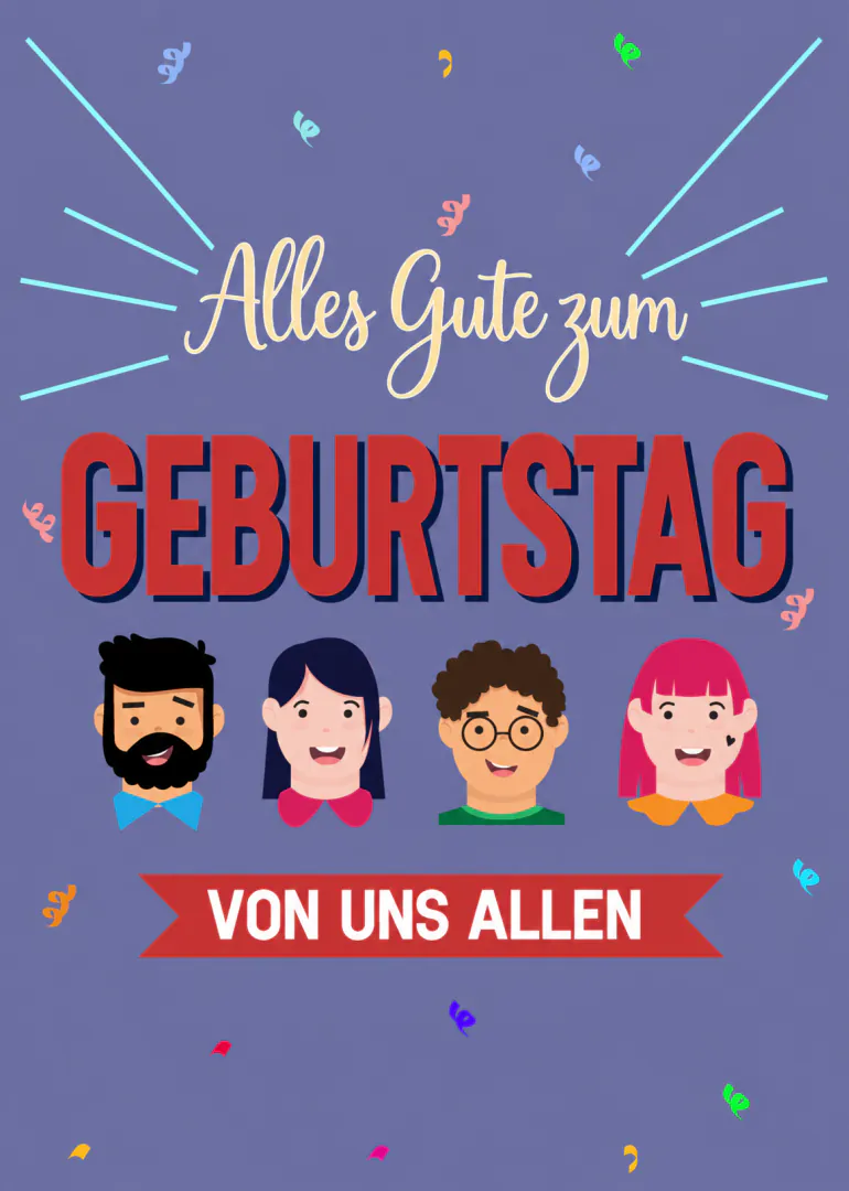 Lila Geburtstagskarte mit vier illustrierten Gesichtern, Konfetti und dem Text „Alles Gute zum Geburtstag von uns allen“.