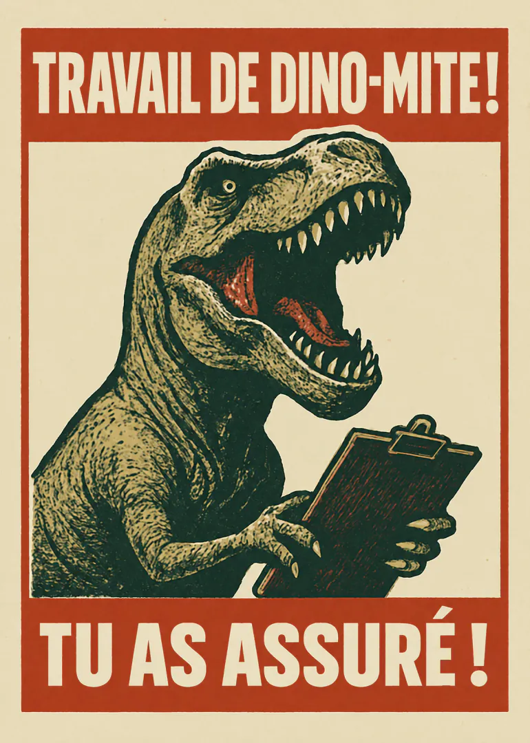 Carte rétro montrant un tyrannosaure tenant un bloc-notes, avec un message de félicitations en français.